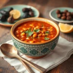 A steaming bowl of Moroccan Harira garnished with fresh herbs