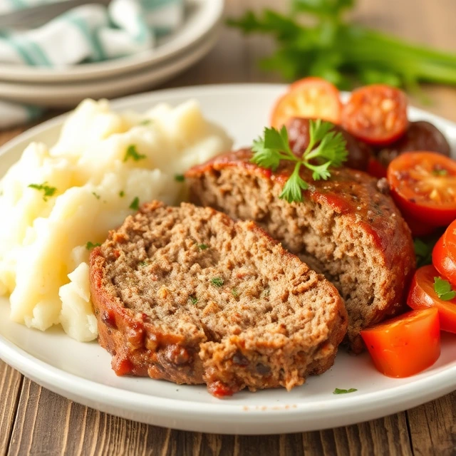 Classic homemade meatloaf with a shiny glaze, served with mashed potatoes and vegetables on a plate