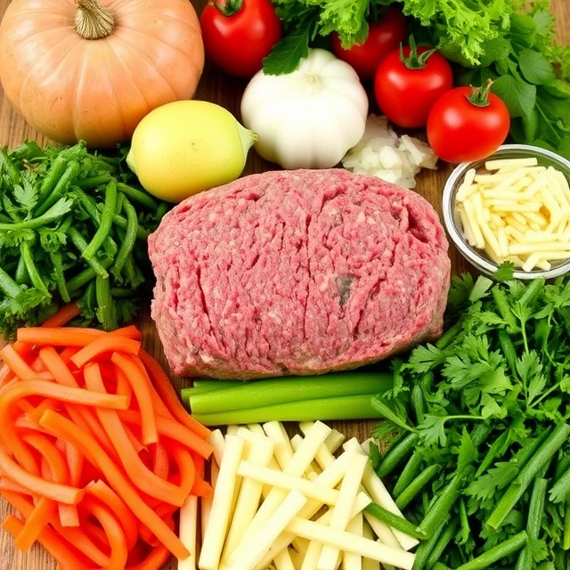 Fresh ingredients for making a classic meatloaf, including ground beef, breadcrumbs, eggs, onion, and seasonings