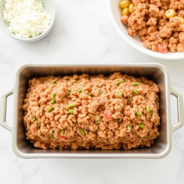 A variety of fresh ingredients for making homemade meatloaf, including ground beef, breadcrumbs, eggs, garlic powder, and seasonings