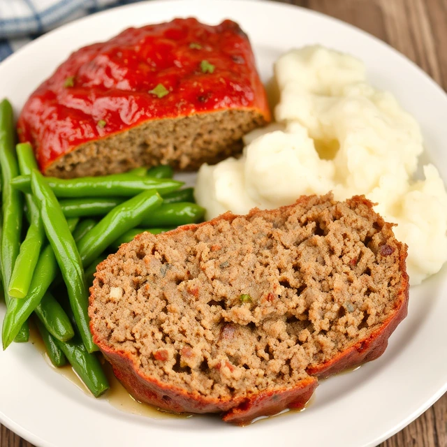 A hearty plate of meatloaf served with creamy mashed potatoes and green beans, creating a comforting meal