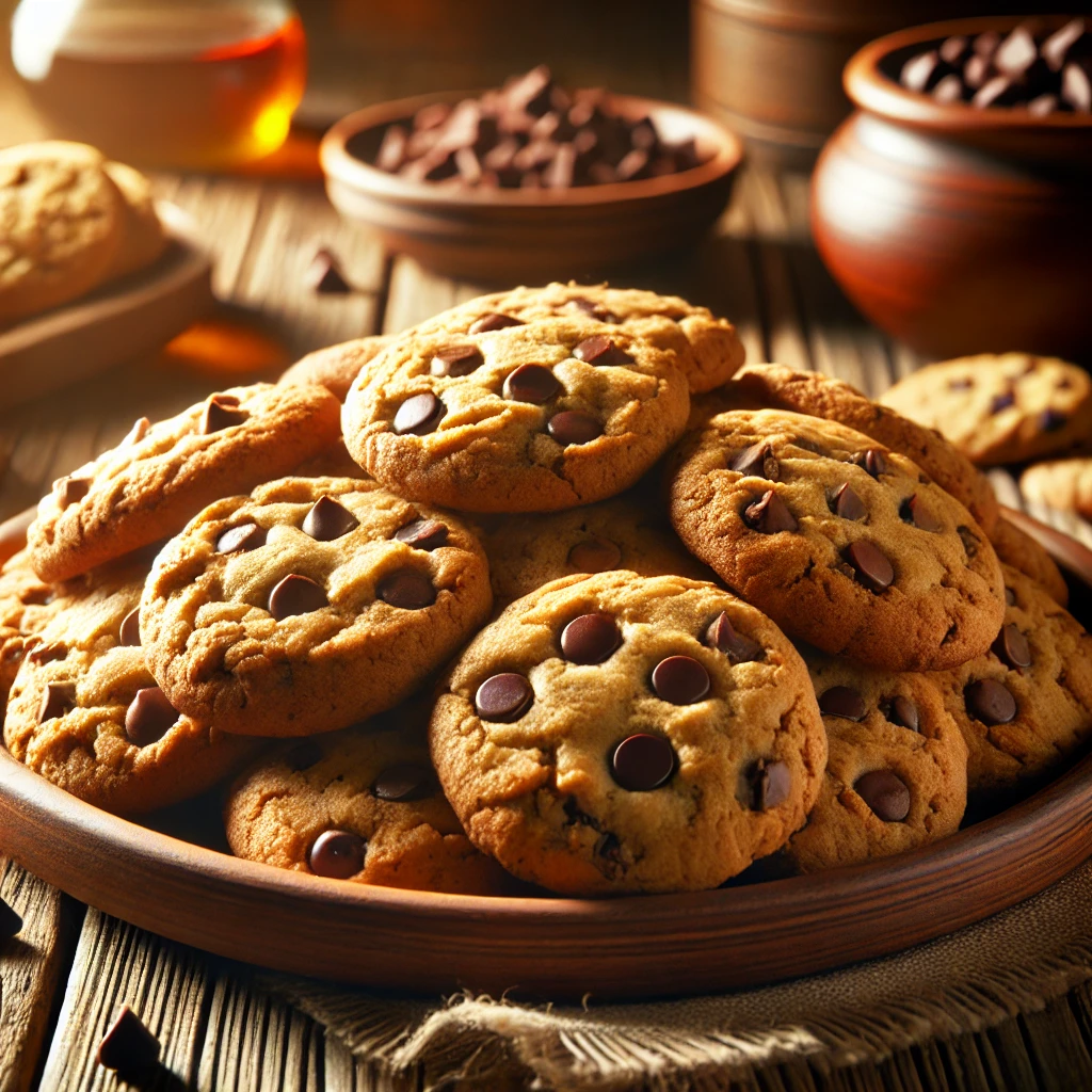 Close-up of chocolate chip cookies with crispy edges and soft