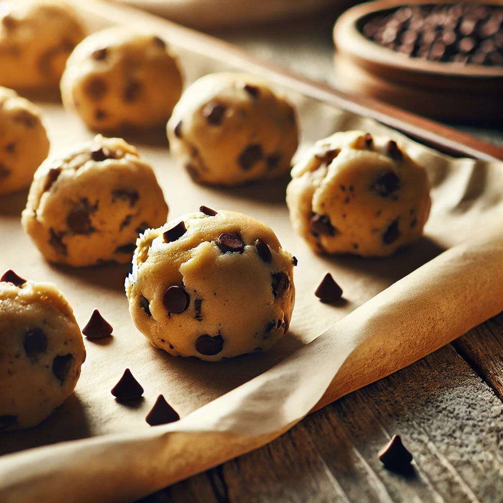 Cookie dough balls on parchment paper before going into the oven