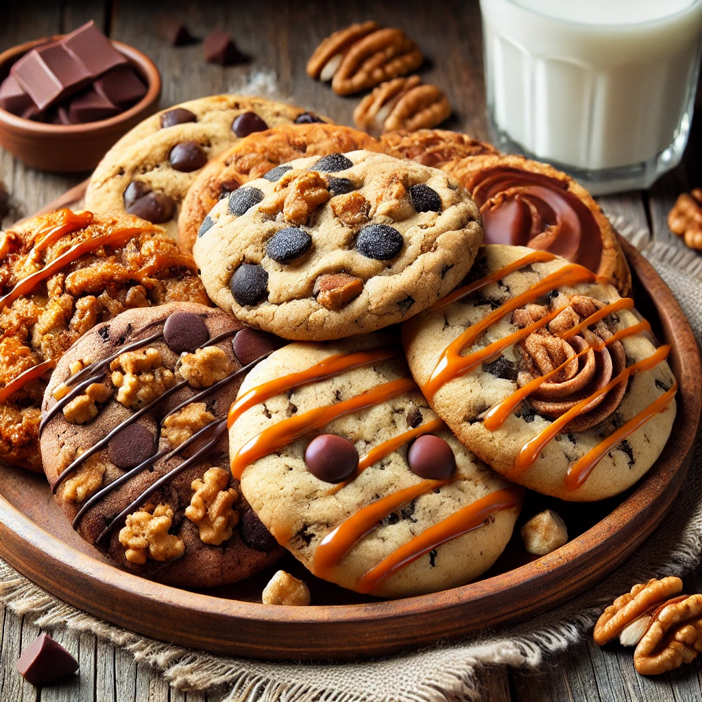 A variety of chocolate chip cookies, some with nuts and caramel drizzle