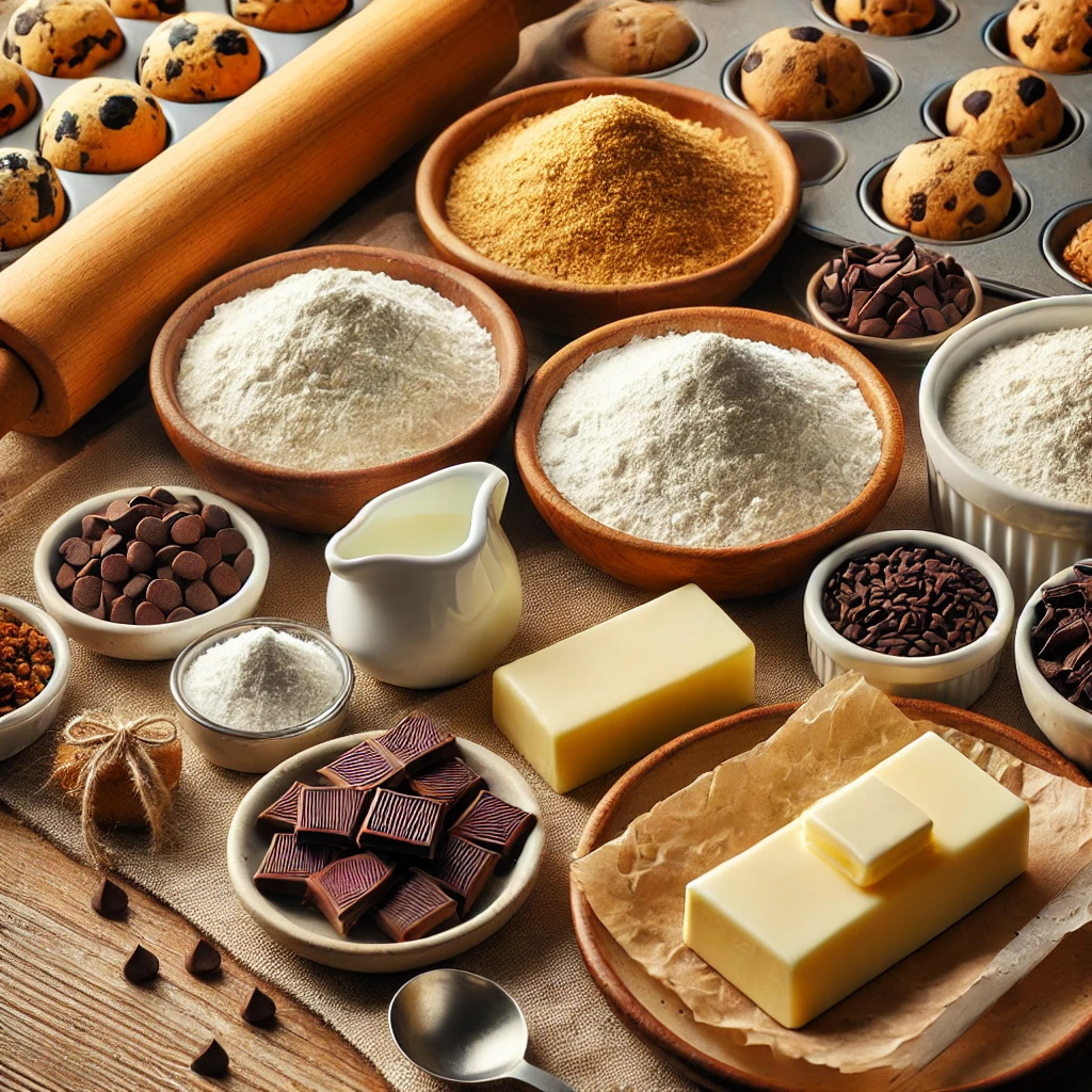 Various types of flour, butter, and chocolate chips displayed on a wooden countertop